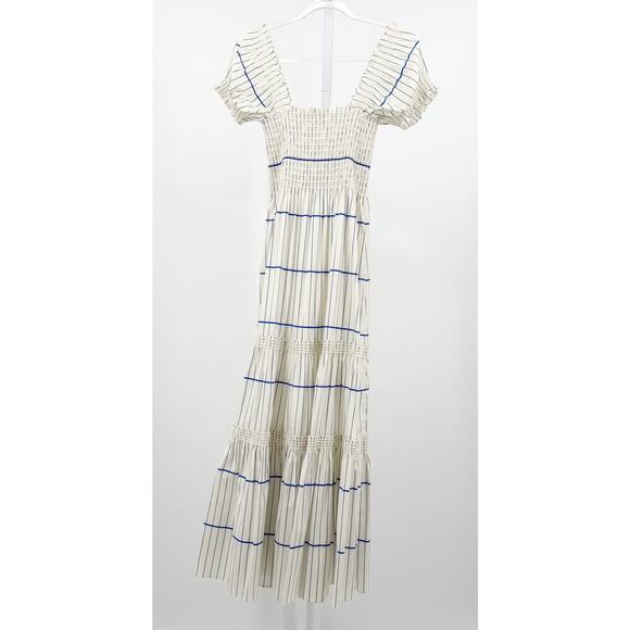 Tory Burch Striped Smocked Midi Dress Blue White XS Cotton Tiered Coastal Preppy - Picture 4 of 9